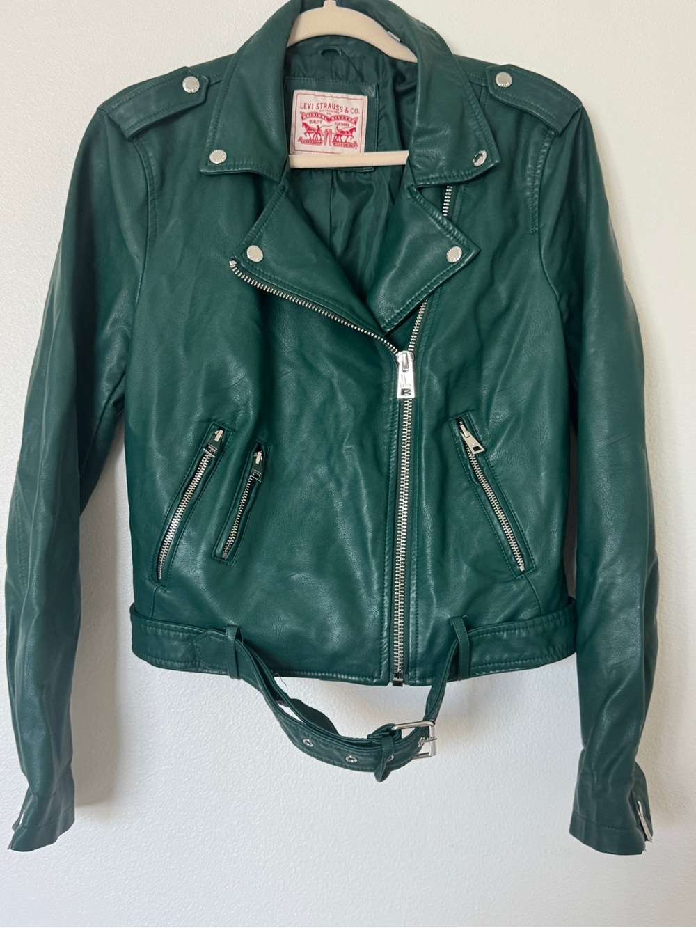 Levi's Dark Green Faux Leather Moto Jacket with Zip Details and Belt - Size L